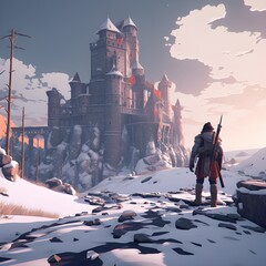 Medieval knight in a winter landscape and looking at a ruined castle. generative AI	
