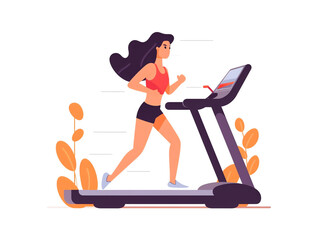 AI generated: Woman running on the treadmill, concept illustration for sport, exercising, healthy lifestyle, cardio activity. Vector illustration in cartoon style