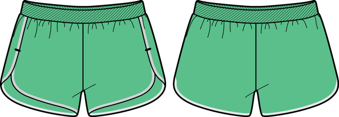 Running trail Shorts jersey design flat sketch Illustration, Short shorts concept with front and back view for tracking active wear shorts design. © JERZEY DESINZ