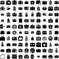 Collection Of 100 Suitcase Icons Set Isolated Solid Silhouette Icons Including Baggage, Suitcase, Tourism, Vacation, Travel, Luggage, Journey Infographic Elements Vector Illustration Logo