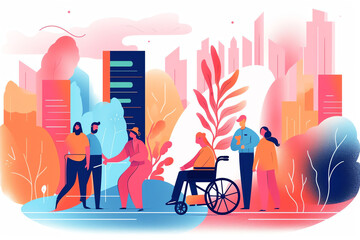 AI generated: Disabled people help and diversity. Handicapped people with cane and in wheelchair meeting with friends or volunteers. Vector illustration for disability, assistance, diverse society con