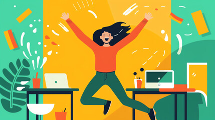 AI generated: Happy woman and desktop. Task completed or finished work concept. Flat style vector illustration.