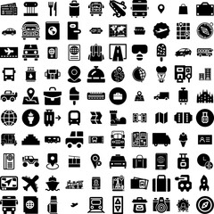 Collection Of 100 Travel Icons Set Isolated Solid Silhouette Icons Including Trip, Travel, Vacation, Holiday, Airplane, Tourism, Journey Infographic Elements Vector Illustration Logo