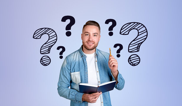 Cheerful Man College Student With Notebook And Question Marks