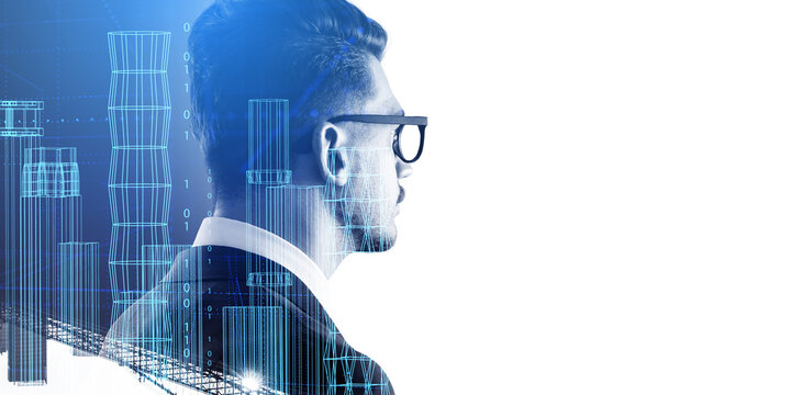 Businessman portrait silhouette, smart digital city wireframe and skyscrapers