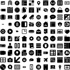 Collection Of 100 Interface Icons Set Isolated Solid Silhouette Icons Including Vector, Design, Template, Digital, Screen, Frame, Interface Infographic Elements Vector Illustration Logo