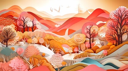 Paper craft whimsical fantasy landscape with gradient fade colors. 3D abstract background with paper cut shapes. Colorful carving art. Ai generative