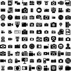 Collection Of 100 Camera Icons Set Isolated Solid Silhouette Icons Including Photo, Photography, Lens, Camera, Illustration, Equipment, Digital Infographic Elements Vector Illustration Logo