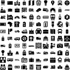 Collection Of 100 Travel Icons Set Isolated Solid Silhouette Icons Including Vacation, Tourism, Trip, Travel, Journey, Holiday, Airplane Infographic Elements Vector Illustration Logo