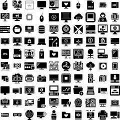 Collection Of 100 Computer Icons Set Isolated Solid Silhouette Icons Including Display, Computer, Laptop, Business, Modern, Screen, Technology Infographic Elements Vector Illustration Logo