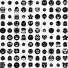 Collection Of 100 Emoji Icons Set Isolated Solid Silhouette Icons Including Face, Symbol, Vector, Icon, Sign, Isolated, Emoticon Infographic Elements Vector Illustration Logo