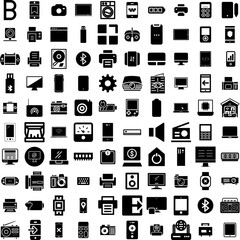 Collection Of 100 Device Icons Set Isolated Solid Silhouette Icons Including Phone, Digital, Computer, Mobile, Screen, Technology, Tablet Infographic Elements Vector Illustration Logo