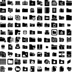 Collection Of 100 Folder Icons Set Isolated Solid Silhouette Icons Including Paper, Open, Business, Design, Folder, File, Document Infographic Elements Vector Illustration Logo