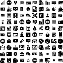 Collection Of 100 Finance Icons Set Isolated Solid Silhouette Icons Including Finance, Economy, Financial, Growth, Business, Money, Investment Infographic Elements Vector Illustration Logo