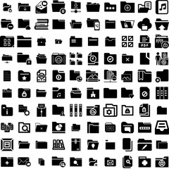 Collection Of 100 Folder Icons Set Isolated Solid Silhouette Icons Including Paper, Folder, Design, Document, File, Open, Business Infographic Elements Vector Illustration Logo