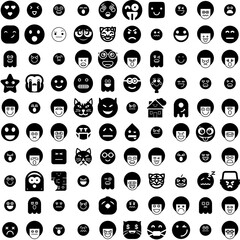 Collection Of 100 Emoticon Icons Set Isolated Solid Silhouette Icons Including Symbol, Face, Icon, Vector, Emoticon, Emoji, Sign Infographic Elements Vector Illustration Logo