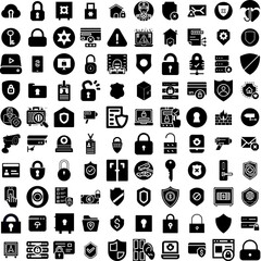 Collection Of 100 Security Icons Set Isolated Solid Silhouette Icons Including Internet, Security, Secure, Technology, Computer, Protection, Privacy Infographic Elements Vector Illustration Logo