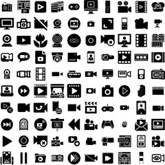 Collection Of 100 Video Icons Set Isolated Solid Silhouette Icons Including Media, Internet, Video, Web, Vector, Illustration, Play Infographic Elements Vector Illustration Logo