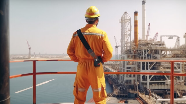A male oil worker stands with his back looking at an oil station. Generative AI