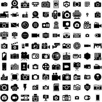 Collection Of 100 Camera Icons Set Isolated Solid Silhouette Icons Including Camera, Lens, Illustration, Digital, Photo, Equipment, Photography Infographic Elements Vector Illustration Logo