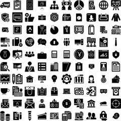 Collection Of 100 Business Icons Set Isolated Solid Silhouette Icons Including Business, Teamwork, Office, Success, Communication, Corporate, Technology Infographic Elements Vector Illustration Logo