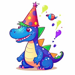 Cute baby dragon art with party caps. Cute dragon baby cartoon illustration on a white background. Colorful dragons wearing party caps set design for kids coloring pages. AI Generated.