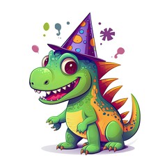 Obraz premium Cute baby dragon art with party caps. Colorful baby dragon cartoon with party elements. Dragon baby cartoon illustration on a white background. Dragon design for kids coloring pages. AI Generated.