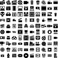 Collection Of 100 Cinema Icons Set Isolated Solid Silhouette Icons Including Popcorn, Movie, Theater, Film, Auditorium, Cinema, Entertainment Infographic Elements Vector Illustration Logo