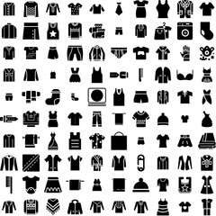 Collection Of 100 Cloth Icons Set Isolated Solid Silhouette Icons Including Clothing, Style, Background, Fashion, Clothes, Cloth, Fabric Infographic Elements Vector Illustration Logo