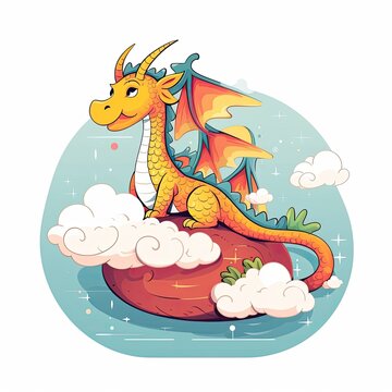 Mythical dragons on cloud collection. Colorful baby dragon cartoon with clouds. Cute dragon baby cartoon illustration on a white background. AI Generated.