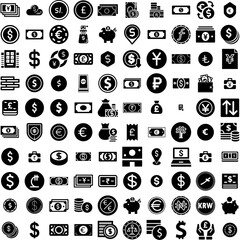 Collection Of 100 Currency Icons Set Isolated Solid Silhouette Icons Including Currency, Finance, Money, Exchange, Cash, Payment, Business Infographic Elements Vector Illustration Logo