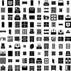 Collection Of 100 Drawer Icons Set Isolated Solid Silhouette Icons Including Home, Design, White, Storage, Interior, Furniture, Drawer Infographic Elements Vector Illustration Logo