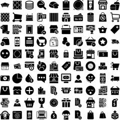 Collection Of 100 Ecommerce Icons Set Isolated Solid Silhouette Icons Including Shop, Business, Ecommerce, Store, Retail, Payment, Online Infographic Elements Vector Illustration Logo