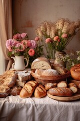 Classic Elegance: Assorted Bakery Items and Flowers in Rural Setting | AI Generated.