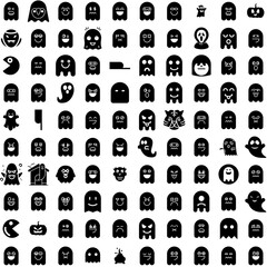 Collection Of 100 Ghost Icons Set Isolated Solid Silhouette Icons Including Scary, Fear, Halloween, Ghost, Horror, Spooky, White Infographic Elements Vector Illustration Logo