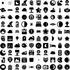 Collection Of 100 Night Icons Set Isolated Solid Silhouette Icons Including Sky, Night, Star, Blue, Light, Background, Dark Infographic Elements Vector Illustration Logo