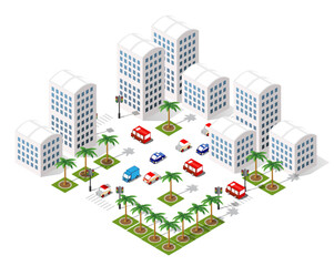 Isometric 3D illustration of the city quarter with houses modu