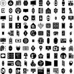 Collection Of 100 Smart Icons Set Isolated Solid Silhouette Icons Including Technology, Internet, Smart, Icon, Concept, Wireless, Modern Infographic Elements Vector Illustration Logo