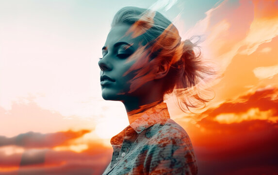 Doble exposure photo of woman and colorful sunset over white background. Generative AI.