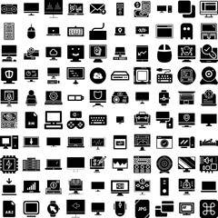 Collection Of 100 Computer Icons Set Isolated Solid Silhouette Icons Including Computer, Screen, Modern, Display, Technology, Laptop, Business Infographic Elements Vector Illustration Logo