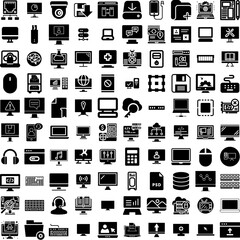 Collection Of 100 Computer Icons Set Isolated Solid Silhouette Icons Including Modern, Laptop, Screen, Technology, Business, Display, Computer Infographic Elements Vector Illustration Logo