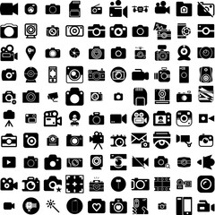 Collection Of 100 Camera Icons Set Isolated Solid Silhouette Icons Including Equipment, Photography, Lens, Digital, Illustration, Photo, Camera Infographic Elements Vector Illustration Logo