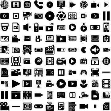 Collection Of 100 Video Icons Set Isolated Solid Silhouette Icons Including Media, Illustration, Video, Vector, Internet, Web, Play Infographic Elements Vector Illustration Logo