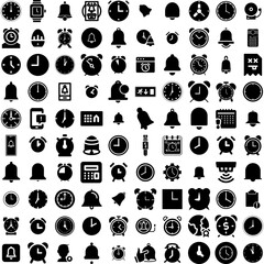 Collection Of 100 Alarm Icons Set Isolated Solid Silhouette Icons Including Isolated, Hour, Alarm, Reminder, Time, Object, Alert Infographic Elements Vector Illustration Logo
