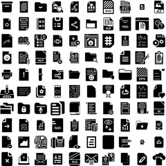 Collection Of 100 Document Icons Set Isolated Solid Silhouette Icons Including Document, Folder, Management, Office, Business, File, Information Infographic Elements Vector Illustration Logo