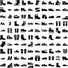 Collection Of 100 Footwear Icons Set Isolated Solid Silhouette Icons Including Casual, Foot, Footwear, Female, Shoes, Shoe, Fashion Infographic Elements Vector Illustration Logo