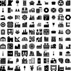 Collection Of 100 Industry Icons Set Isolated Solid Silhouette Icons Including Industry, Factory, Industrial, Production, Plant, Manufacturing, Technology Infographic Elements Vector Illustration Logo