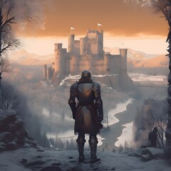 Medieval knight in a winter landscape and looking at a ruined castle. generative AI	
