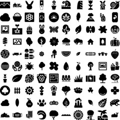 Fototapeta na wymiar Collection Of 100 Nature Icons Set Isolated Solid Silhouette Icons Including Beautiful, Green, Nature, Background, Tree, Summer, Natural Infographic Elements Vector Illustration Logo