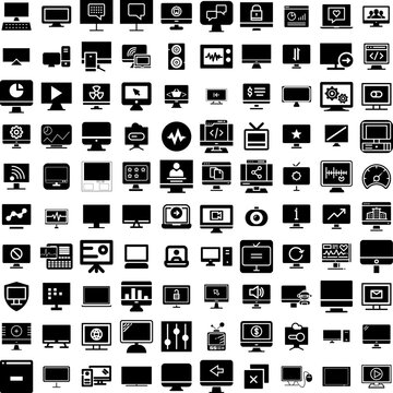 Collection Of 100 Monitor Icons Set Isolated Solid Silhouette Icons Including Business, Screen, Technology, Isolated, Computer, Monitor, Display Infographic Elements Vector Illustration Logo